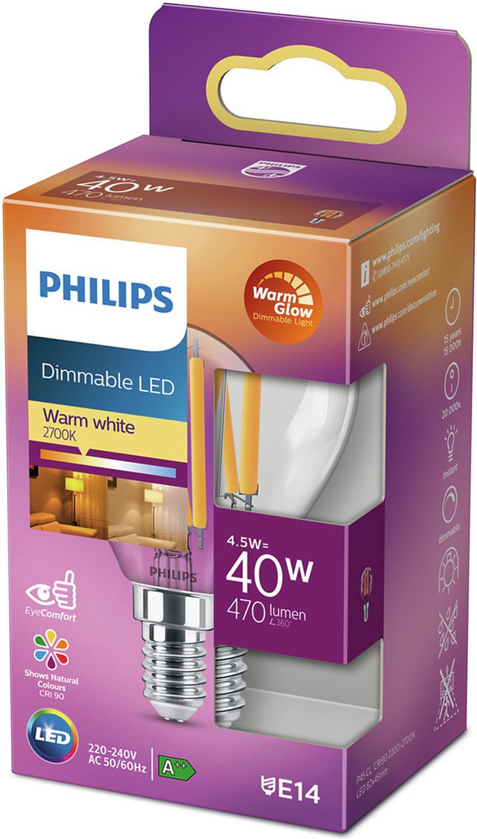 Philips Dimmable led E14 Filament Helder 4.5W 927 Zeer Warm Wit